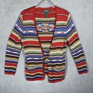 Lauren Ralph Lauren Women M Handknit Linen Blend Cardigan Southwest Stripe Aztec